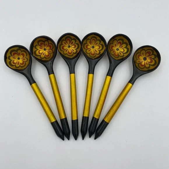 Vintage Hand Painted Wooden Spoons 6 Pieces Black Gold Red 6" Long Flower Design - Picture 1 of 4
